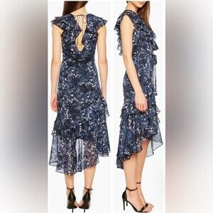 NWT BARDOT Midnight Romance Asymmetrical Frill Dress Size 6 Small Floral Ruffle‎